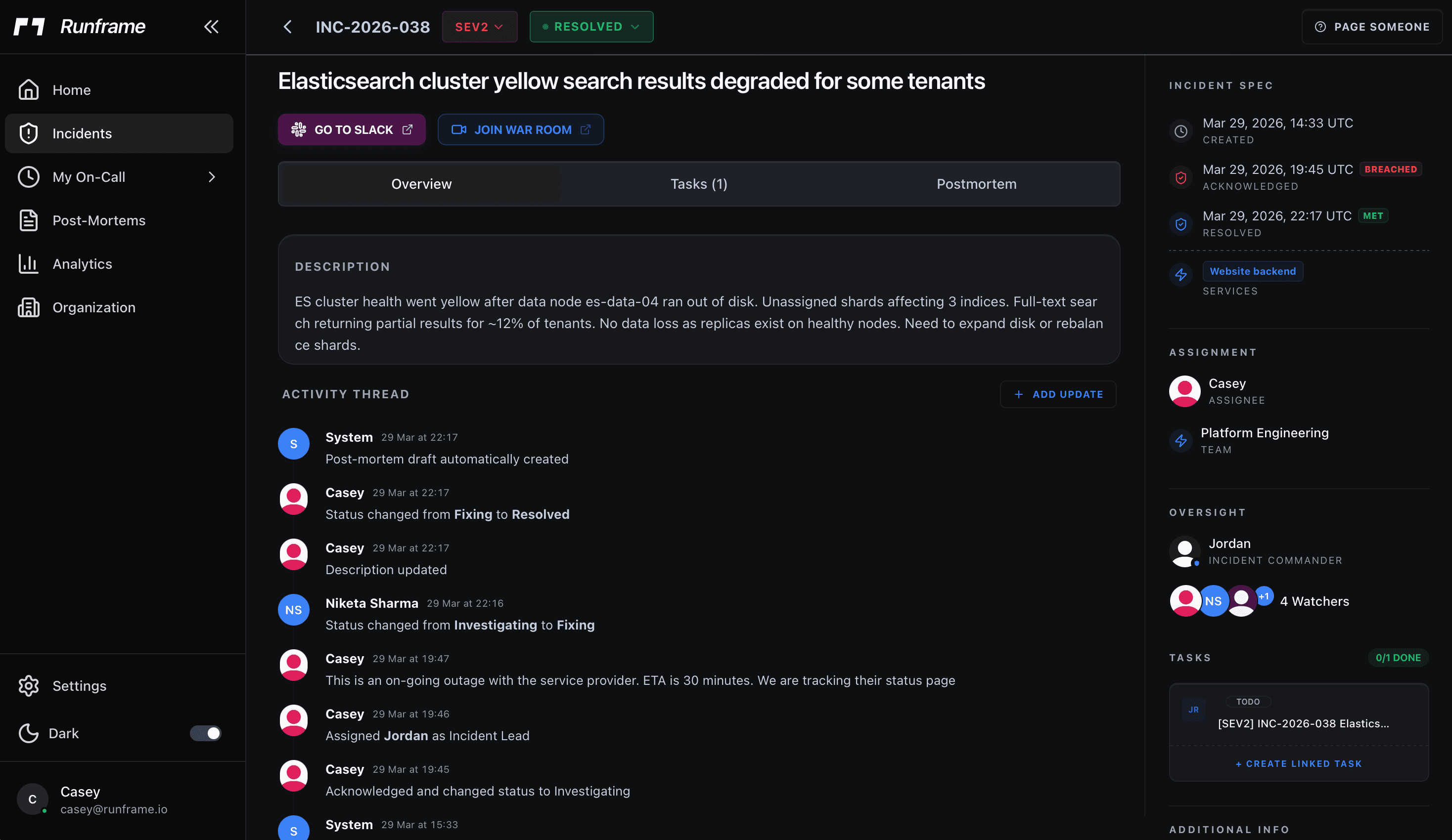 Runframe incident detail view showing timeline, SLA tracking, role assignments, and linked tasks