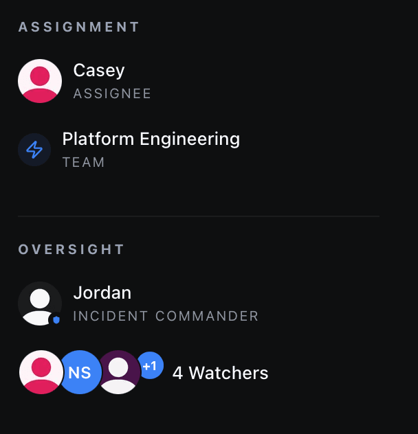 Assignment and oversight panel showing assignee, team, incident commander, and watchers