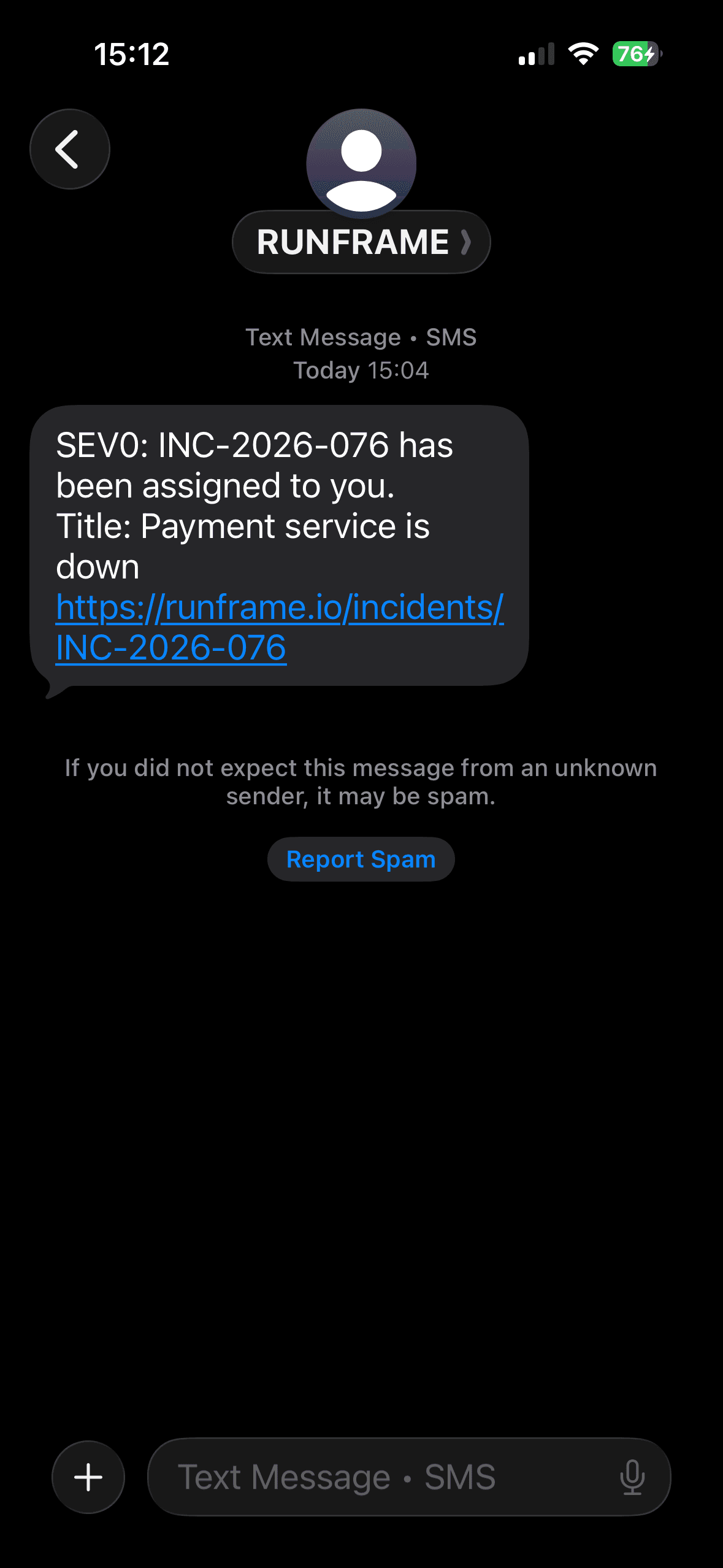 SMS alert from Runframe showing a SEV0 incident assignment and direct incident link