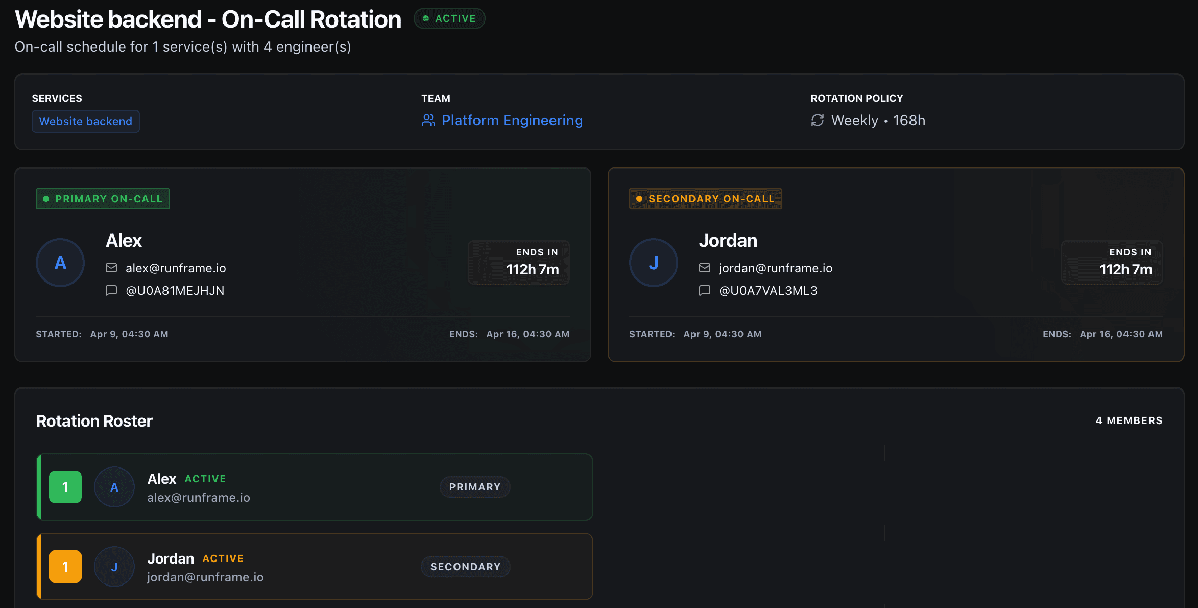 On-call rotations showing primary and secondary responders with team, service, and override controls