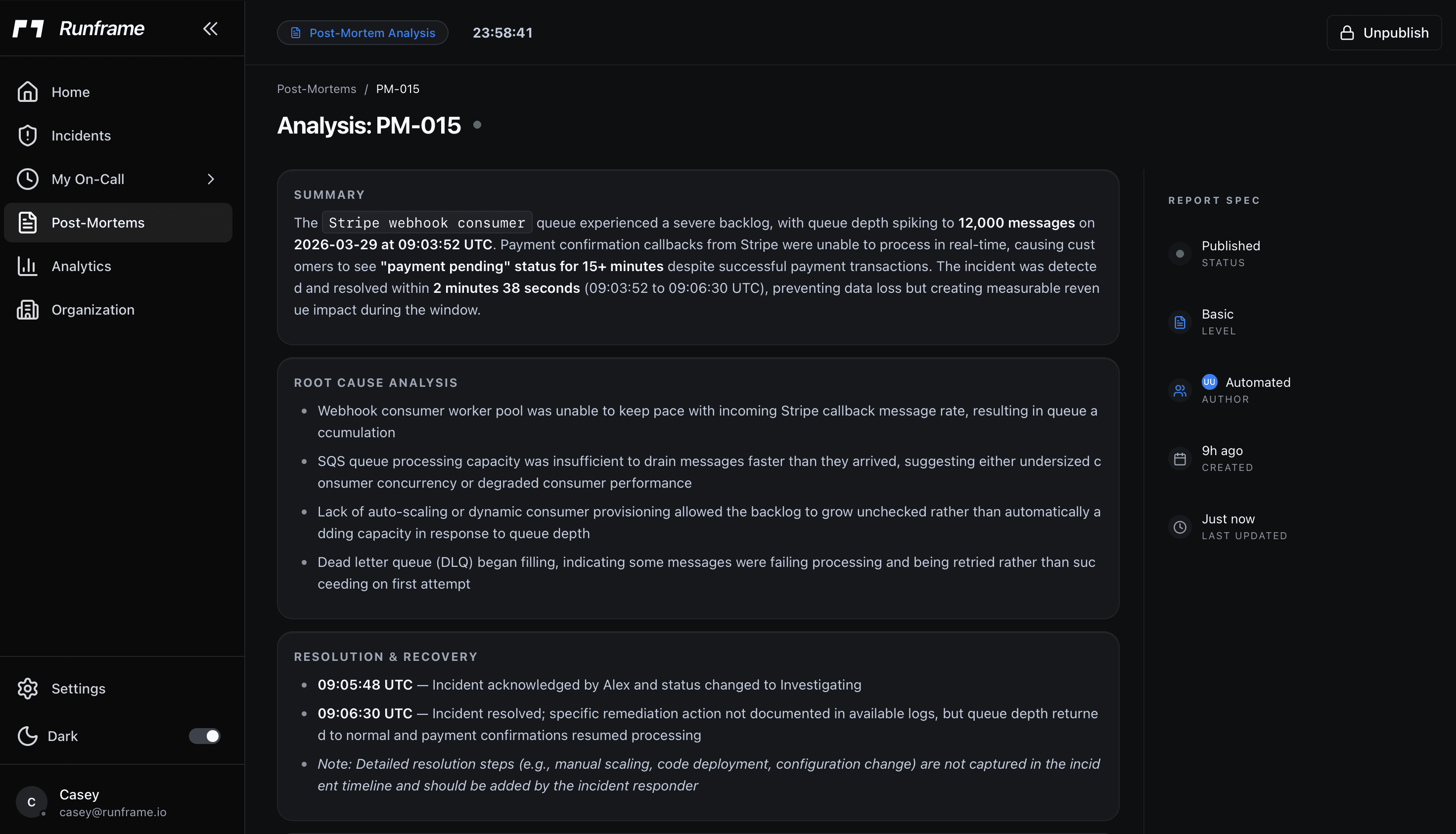 Postmortem analysis showing auto-generated summary, root cause analysis, and resolution timeline
