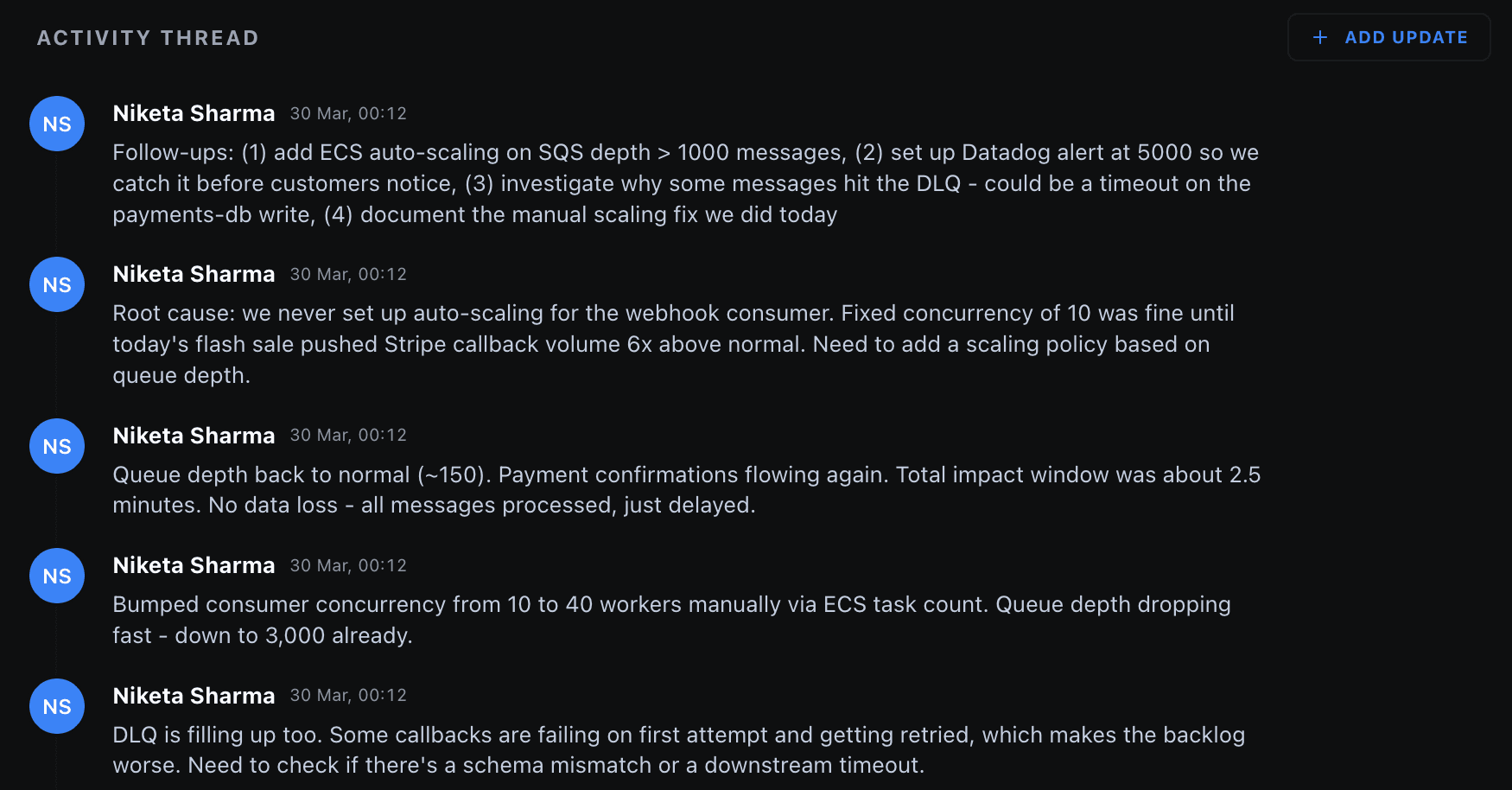 Incident activity thread with engineer comments that become the postmortem source material